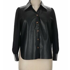 Gracia Black Faux Leather Button-Up Top